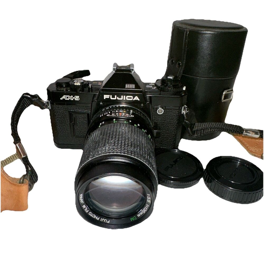 Fujica AX-5 Black 35mm SLR Film Camera +EBCX-Fujinon-T 1:3.5 F=135mm DM Lens